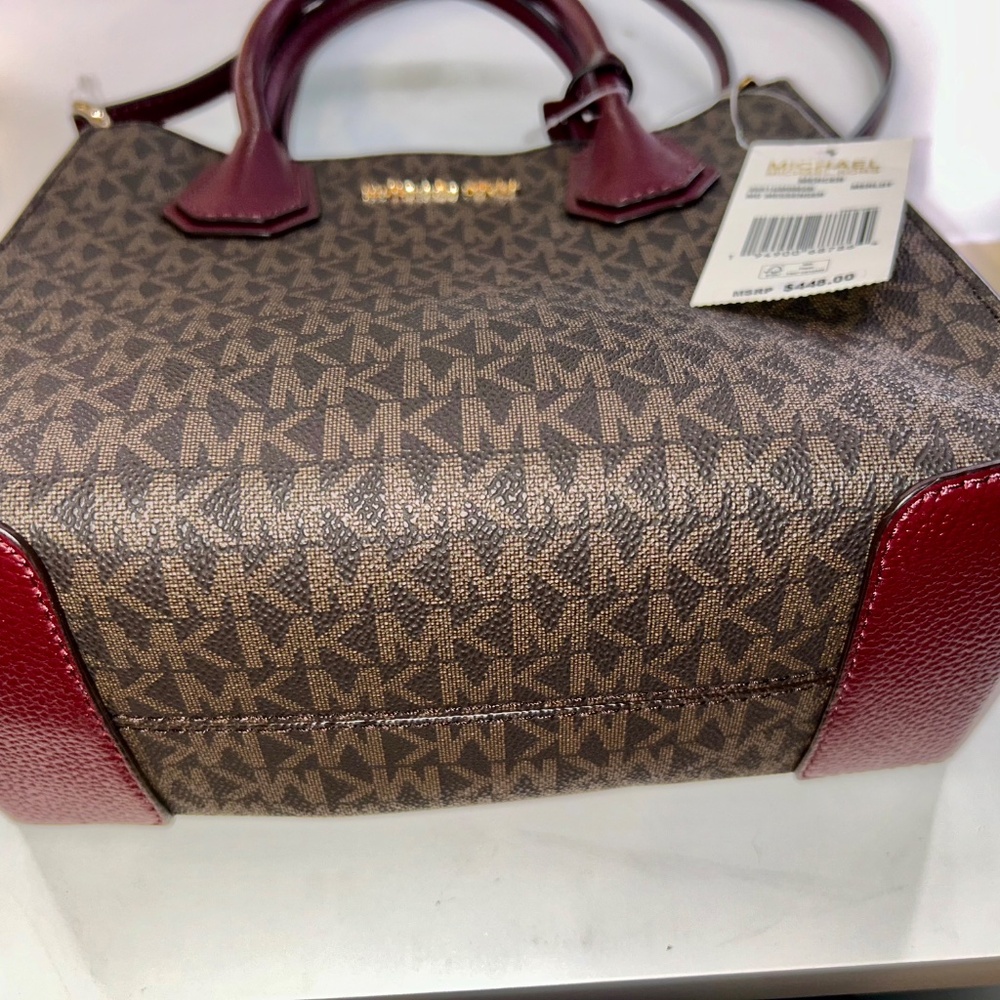 Michael Kors Mercer Medium Messenger Satchel Brown MK Logo Merlot Leather Crossb - Picture 2 of 6